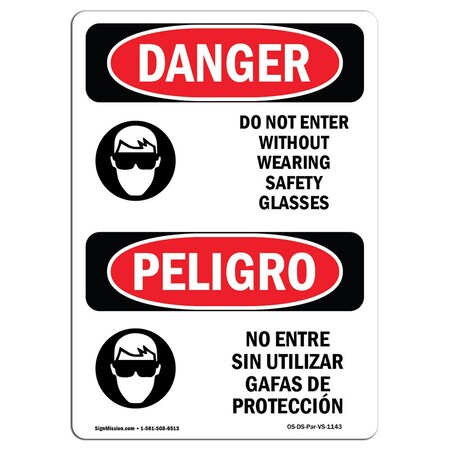 Signmission OSHA Danger, Do Not Enter W/O Glasses Bilingual, 14in X 10in Decal, 10" W, 14" H, Bilingual Spanish OS-DS-D-1014-VS-1143